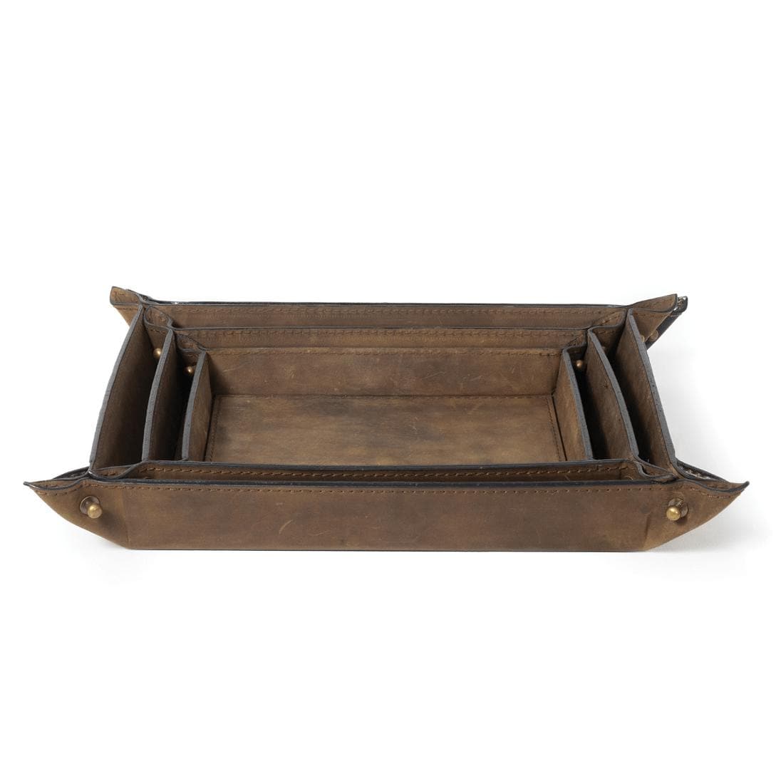 Brown genuine leather Derby nesting tray set with brass button snaps.