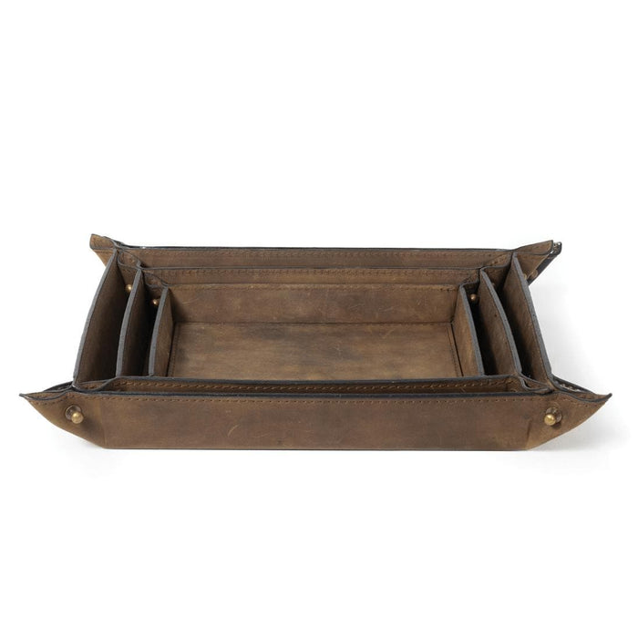 Brown genuine leather Derby nesting tray set with brass button snaps.