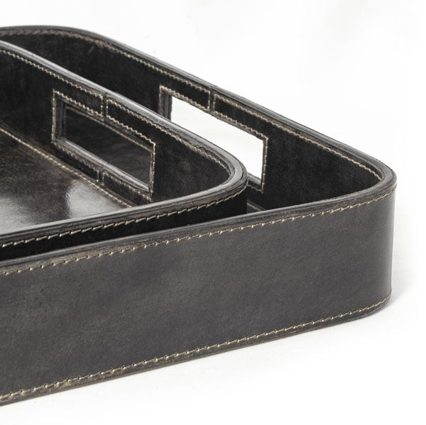 Derby Rectangle Leather Tray Set Black, genuine leather with built-in handles and contrast stitching.