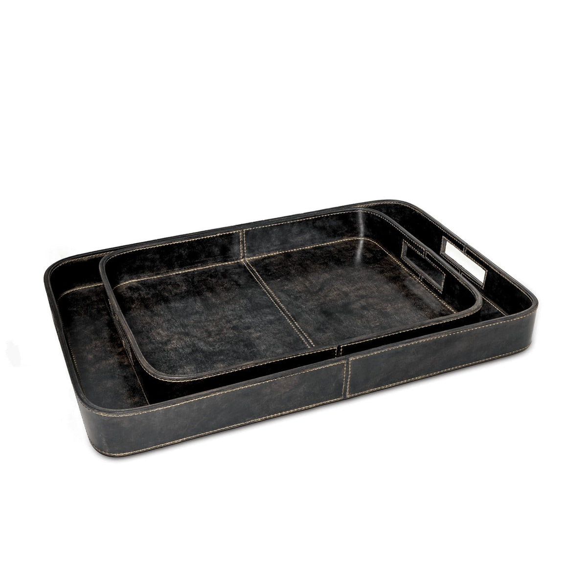 Derby Rectangle Leather Tray Set in black, featuring two nesting trays with built-in handles and natural leather texture.