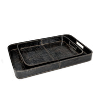 Derby Rectangle Leather Tray Set in black, featuring two nesting trays with built-in handles and natural leather texture.