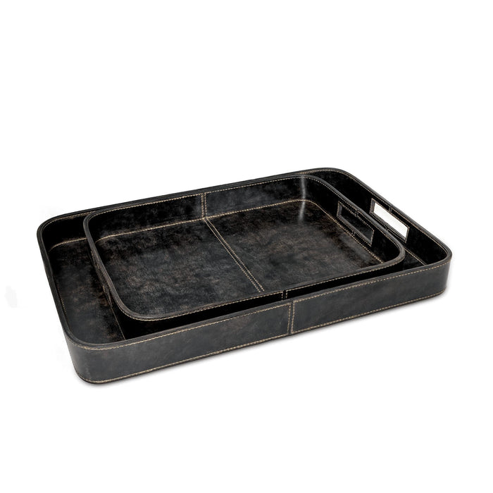 Derby Rectangle Leather Tray Set in black, featuring two nesting trays with built-in handles and natural leather texture.