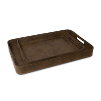 Set of two brown genuine leather rectangle trays with built-in handles.