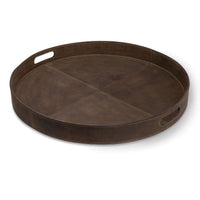 Round, dark brown genuine leather tray with stitched details and cut-out handles.