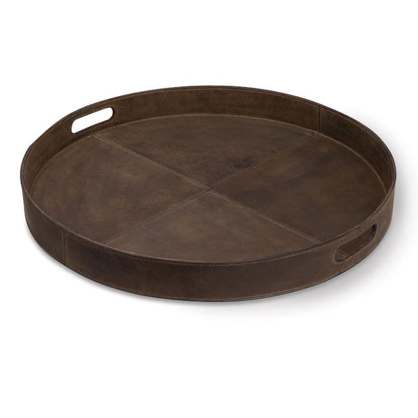 Round, dark brown genuine leather tray with stitched details and cut-out handles.