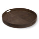 Round, dark brown genuine leather tray with stitched details and cut-out handles.