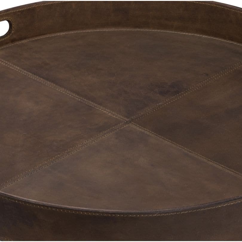 Derby 24" round dark brown genuine leather tray with stitched crisscross design and handles.