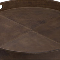 Derby 24" round dark brown genuine leather tray with stitched crisscross design and handles.