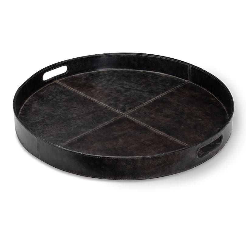 Dark brown genuine leather Derby round tray, 24" wide, with stitched quadrants and cutout handles.