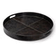 Dark brown genuine leather Derby round tray, 24" wide, with stitched quadrants and cutout handles.