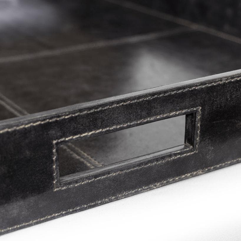 Black genuine leather square tray with built-in handles and visible stitching, a sophisticated accent.