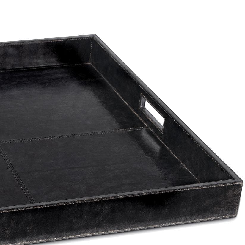 Black genuine leather square tray with built-in handles and stitched details.