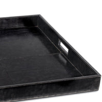 Black genuine leather square tray with built-in handles and stitched details.