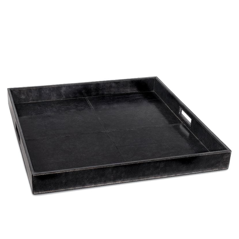 Black genuine leather square tray with built-in handles and stitched details.