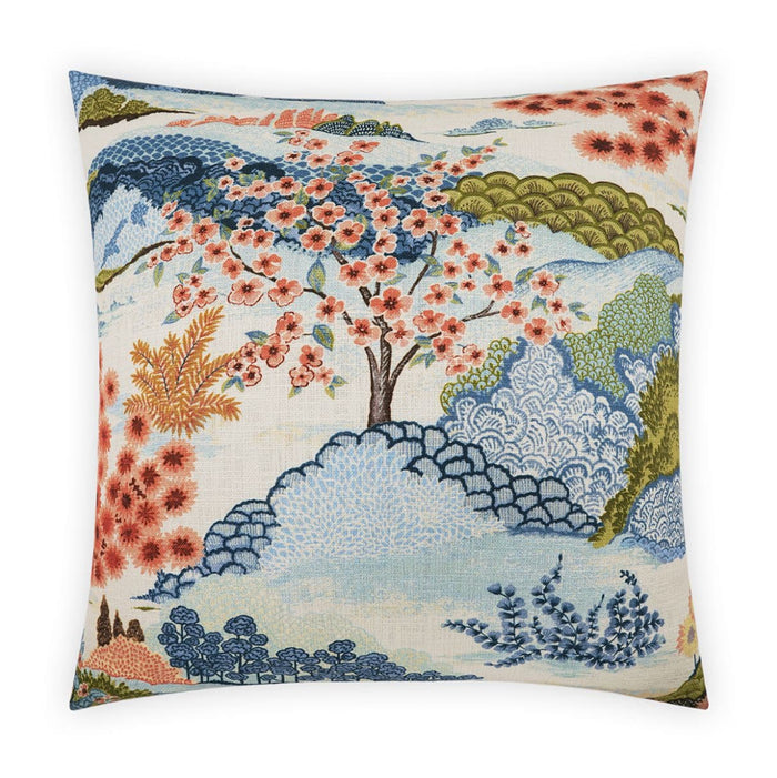 Descanso Multi-Colored Throw Pillow, 24x24, with a vibrant floral and landscape design on cotton.