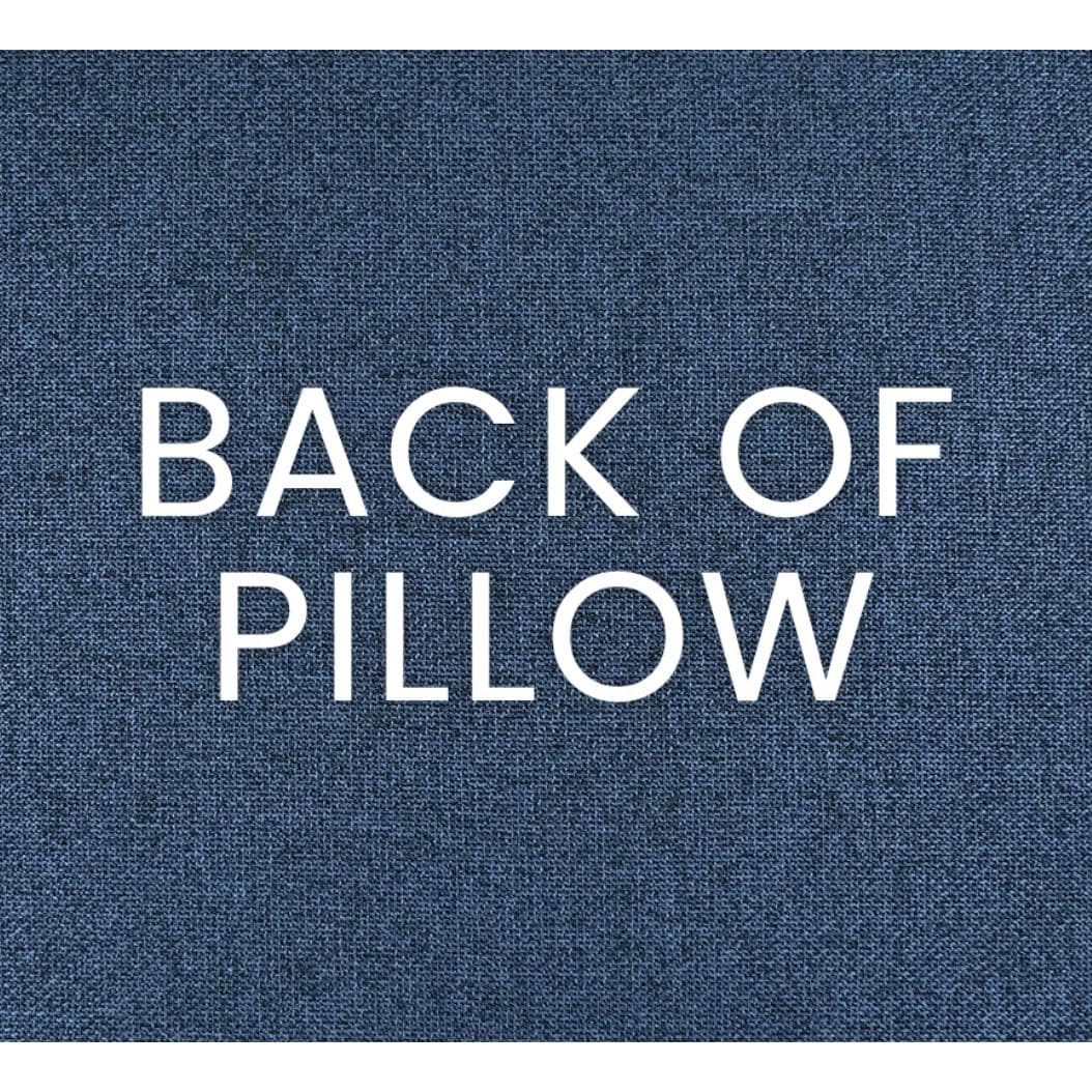 Back of Dev Embroidered Multi-Colored Throw Pillow, showing the solid blue polyester fabric.