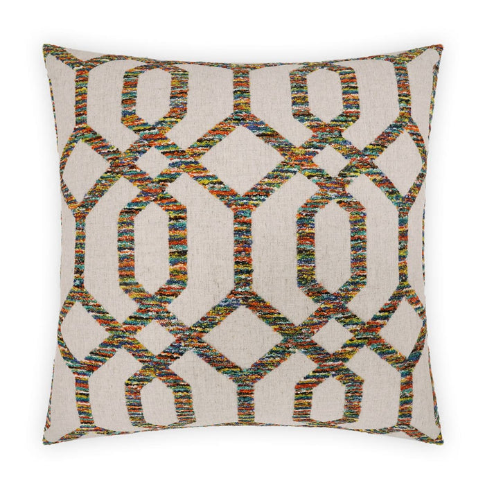 Dev 24" multi-colored embroidered geometric throw pillow with a feather down insert.