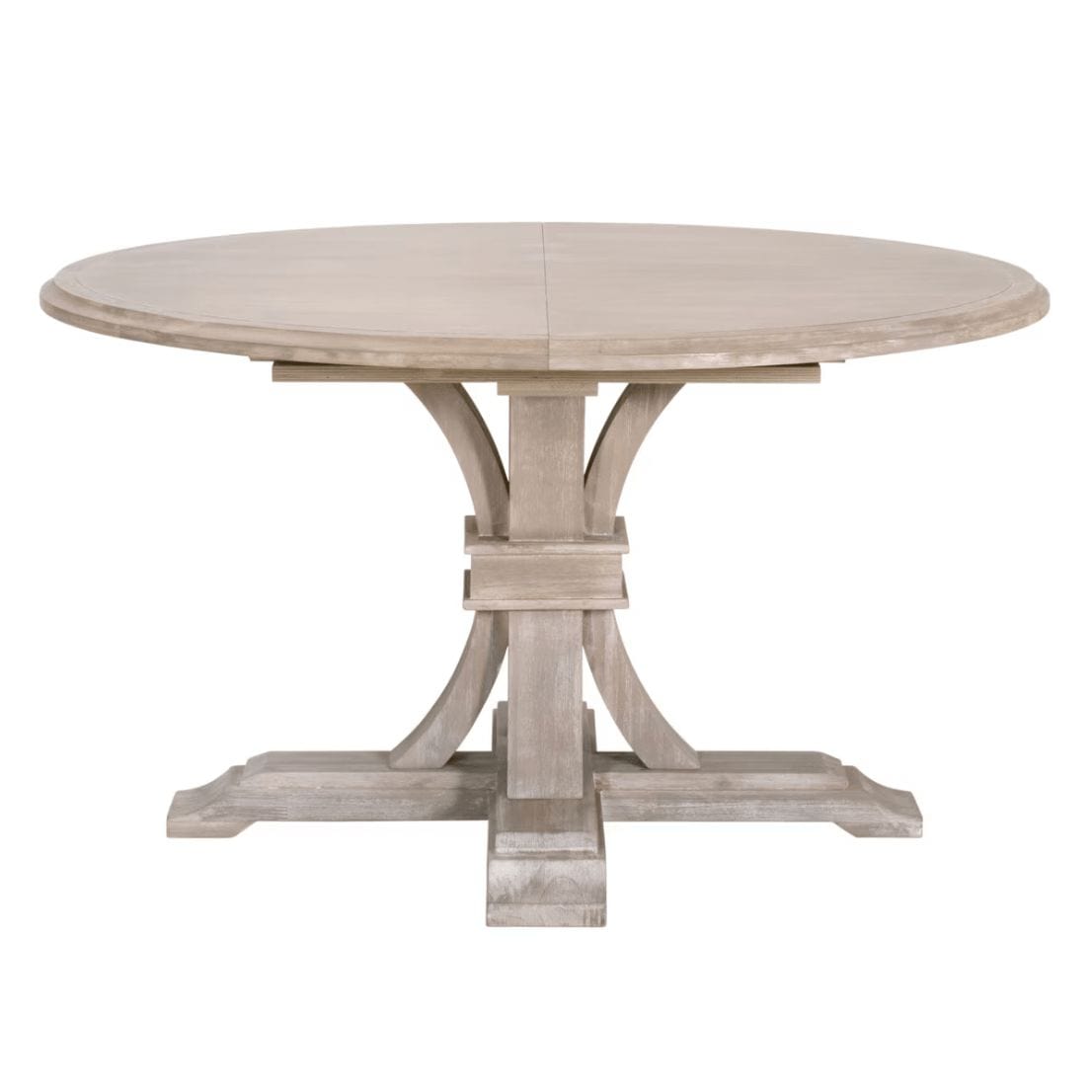 Devon 54" round acacia wood extension dining table in natural gray with a pedestal base.