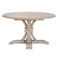 Devon 54" round acacia wood extension dining table in natural gray with a pedestal base.