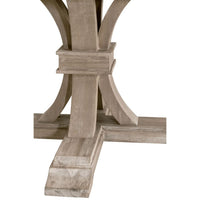 Devon Natural Gray Round Extension Dining Table, acacia wood, with a unique pedestal base.