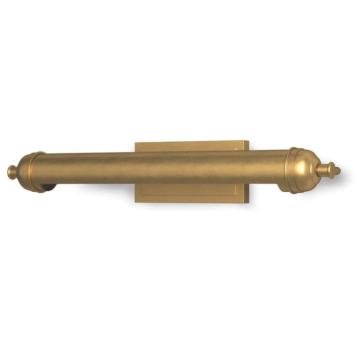 Devon Large Picture Light in natural brass with a sleek, modern cylindrical design and decorative finials.