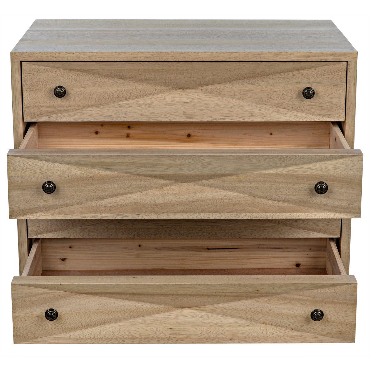 Washed walnut diamond chest with three open drawers, metal pulls, and peg legs.