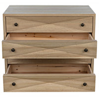 Washed walnut diamond chest with three open drawers, metal pulls, and peg legs.