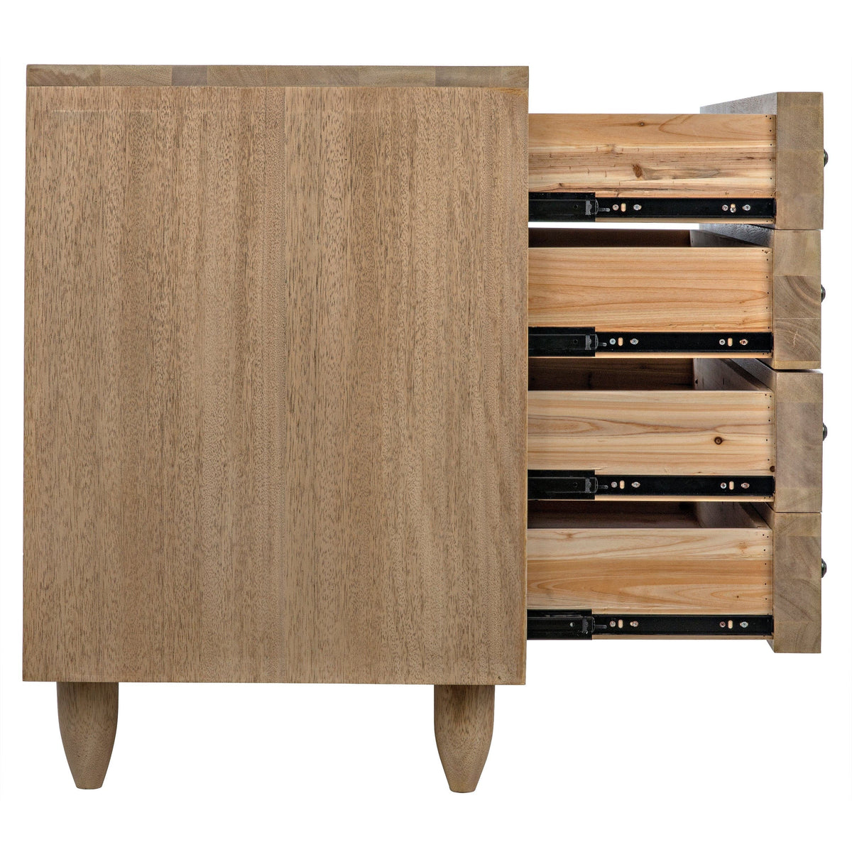 Washed walnut chest with diamond carvings, metal pulls, and peg legs, showing open drawers.