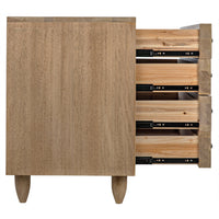 Washed walnut chest with diamond carvings, metal pulls, and peg legs, showing open drawers.