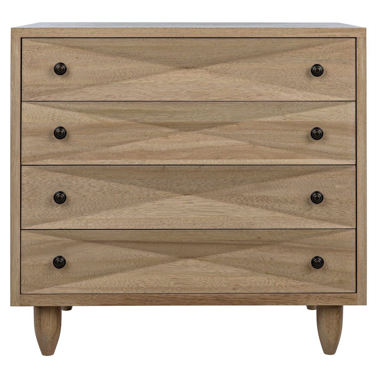 Washed walnut chest with four drawers, diamond carvings, metal pulls, and peg legs.