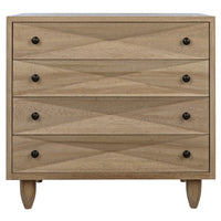 Washed walnut chest with four drawers, diamond carvings, metal pulls, and peg legs.