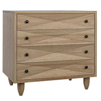 Washed walnut chest with four drawers, diamond carvings, metal pulls, and peg legs.