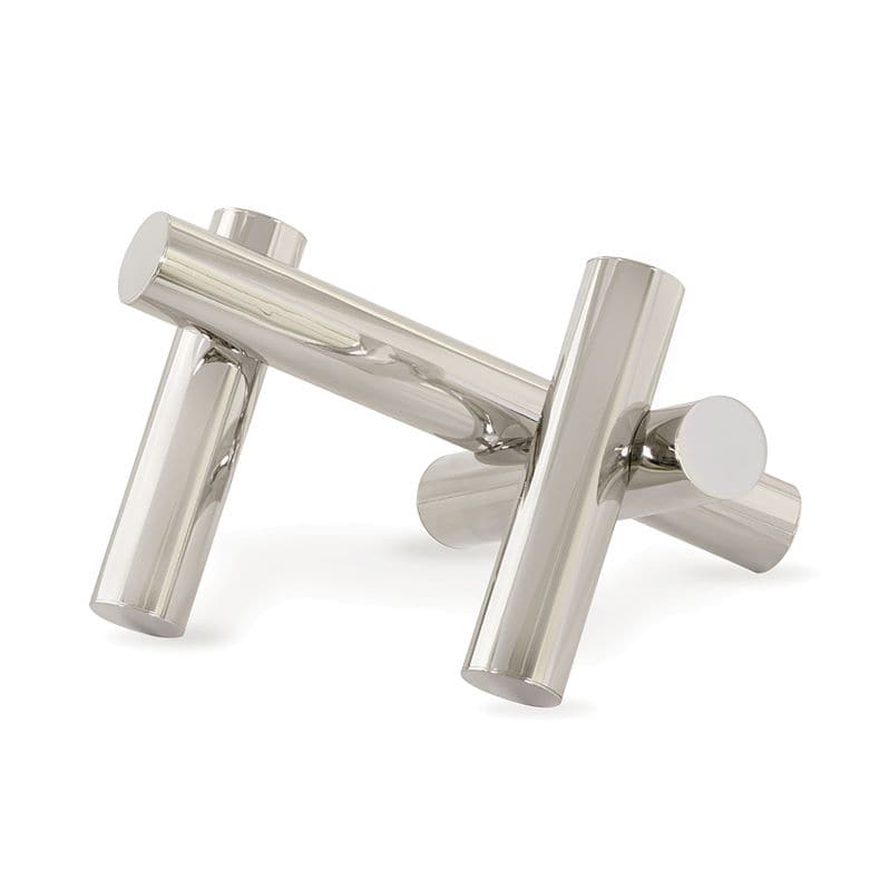 Dion Sculpture: Four elegant, polished silver metal cylinders arranged in an abstract, engaging design.