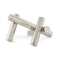 Dion Sculpture: Four elegant, polished silver metal cylinders arranged in an abstract, engaging design.