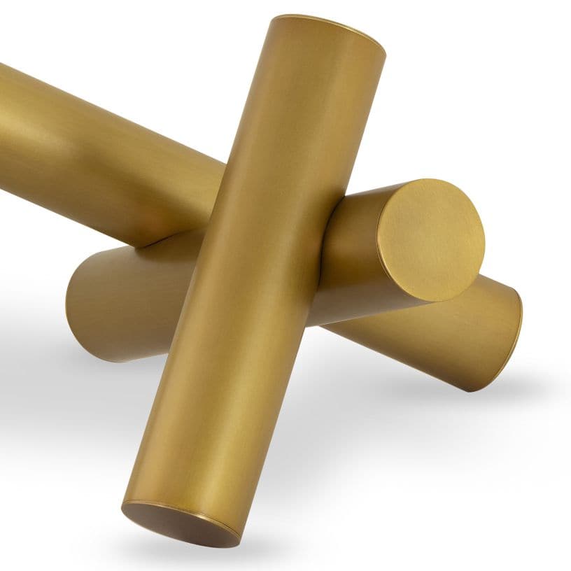 Dion Sculpture: Four elegant gold metal cylinders intersecting, 10.25" H x 18.25" W.