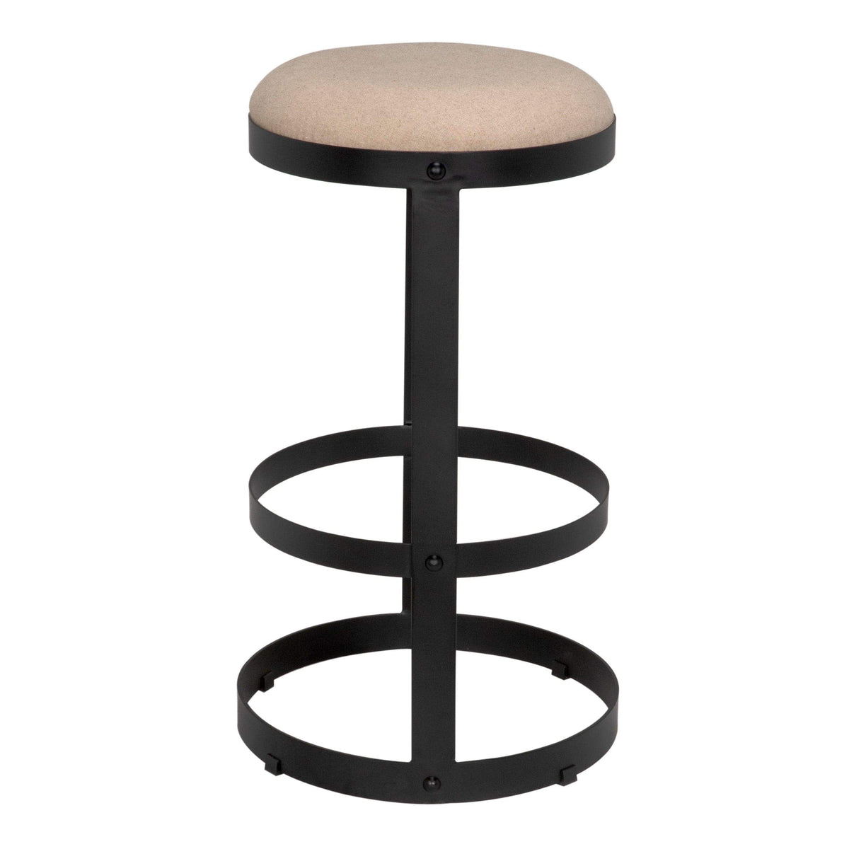 Dior Bar Stool with soft linen seat and black steel base with circular footrests.