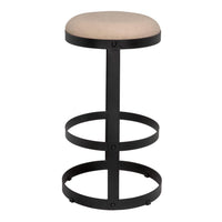 Dior Bar Stool with soft linen seat and black steel base with circular footrests.