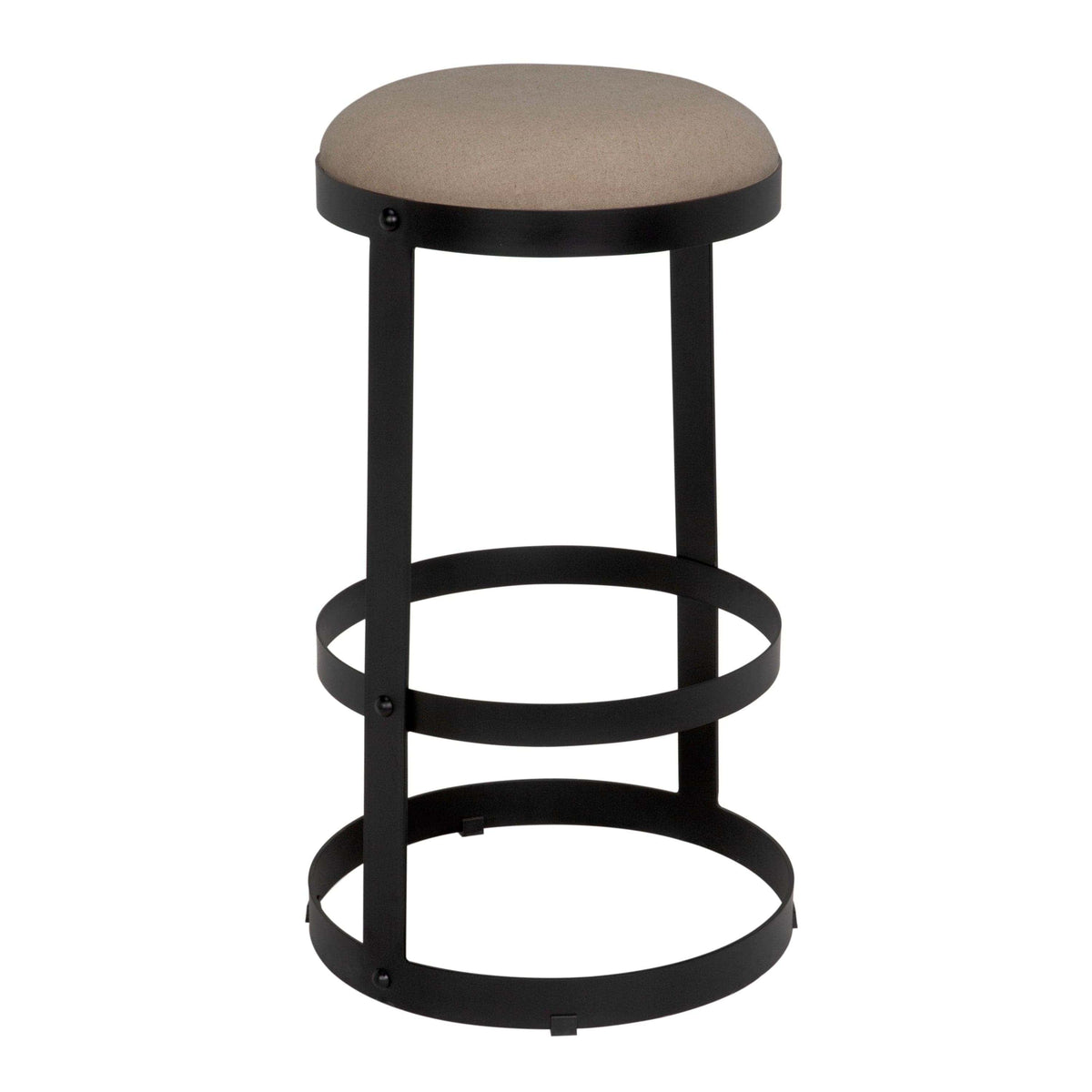 Dior black steel bar stool with a soft linen seat and circular metal band base.