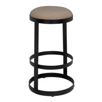 Dior black steel bar stool with a soft linen seat and circular metal band base.