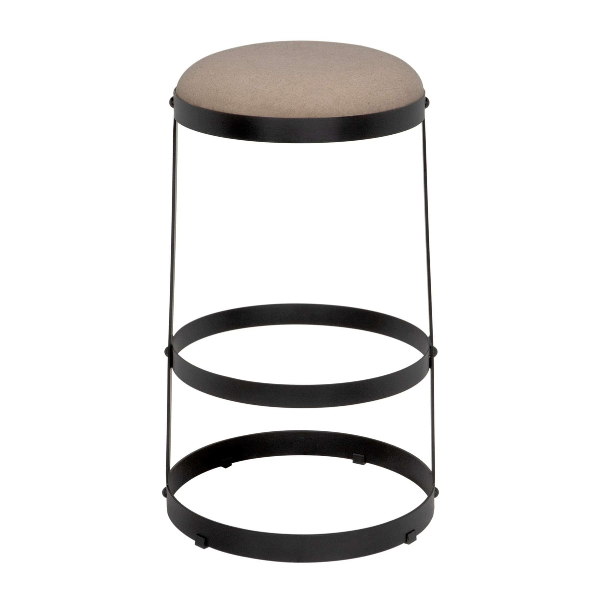 Dior Bar Stool with soft linen seat and black steel frame with three circular bands.