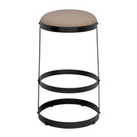 Dior Bar Stool with soft linen seat and black steel frame with three circular bands.