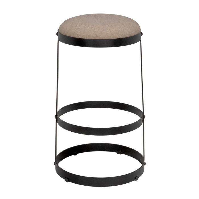 Dior Bar Stool with soft linen seat and black steel frame with three circular bands.