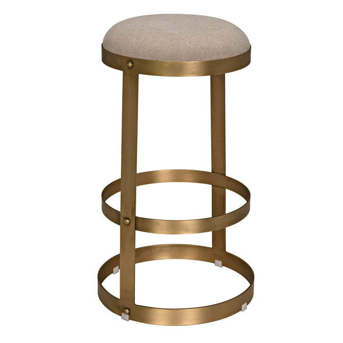 Dior bar stool with antique brass metal finish and round beige linen seat.