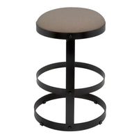 Dior counter stool with black steel base, three circular bands, and a soft linen seat.