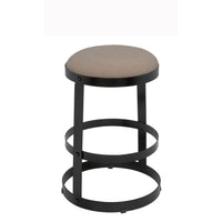 Dior counter stool with black steel base, three circular metal bands, and a round, soft linen seat.