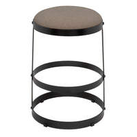 Dior black steel counter stool with a round beige linen seat and three circular metal base bands.