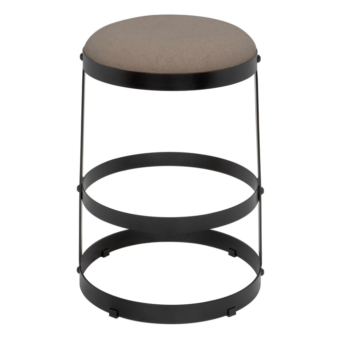Dior black steel counter stool with a round beige linen seat and three circular metal base bands.