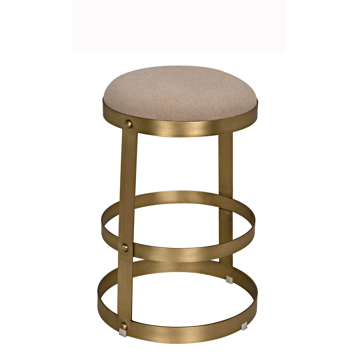 Dior counter stool with antique brass finish, three circular metal bands, and a round beige linen seat.