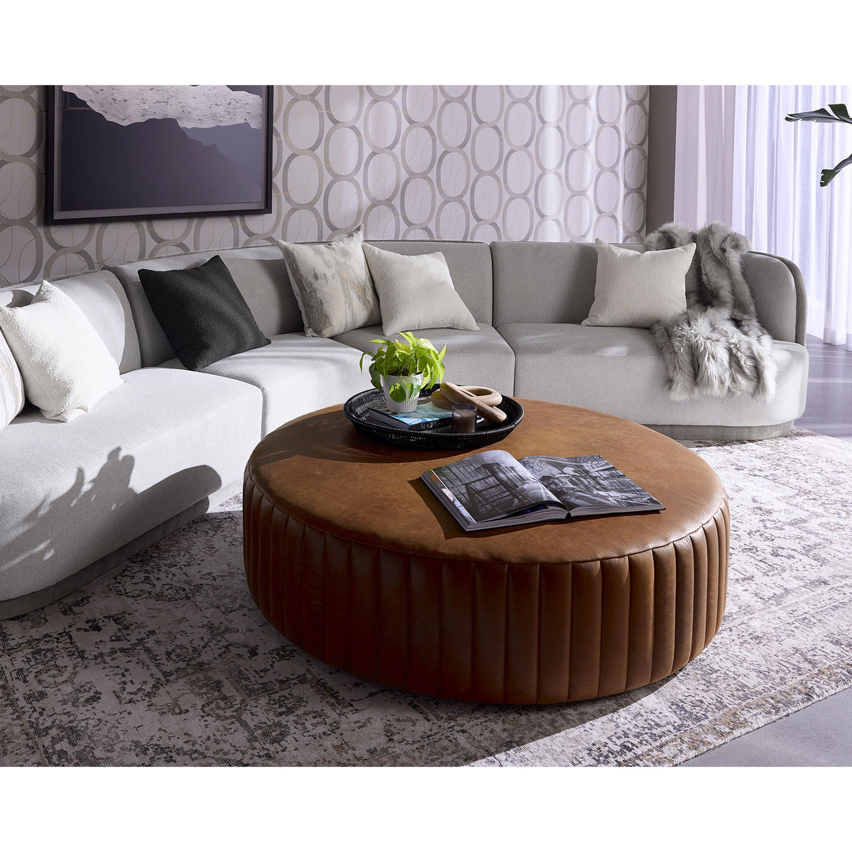 Divano Ottoman - Lucia Tobacco Leather - Ottoman Side View | Bone & Brass