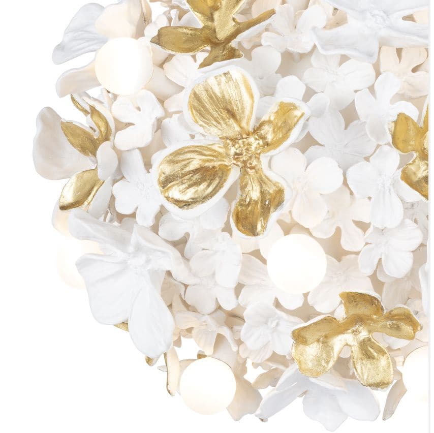 Dogwood Petals Chandelier with matte white and gold leaf floral design, concealed glass globe lights.